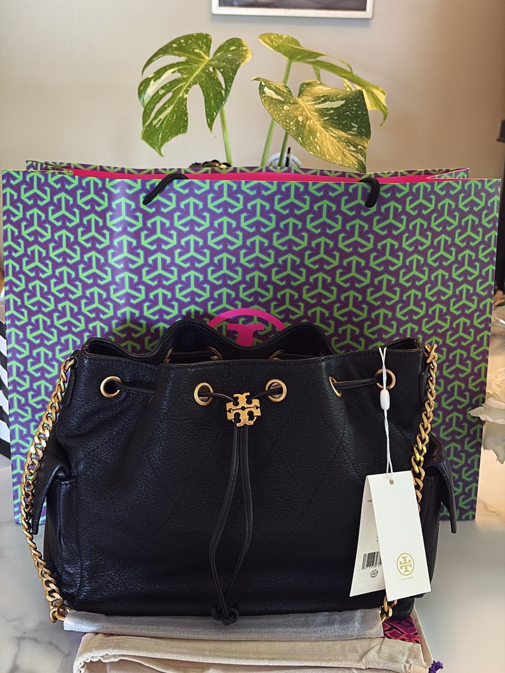 Tory Burch Black Pebbled Leather Drawstring Shoulder Bag with Gold Chain
